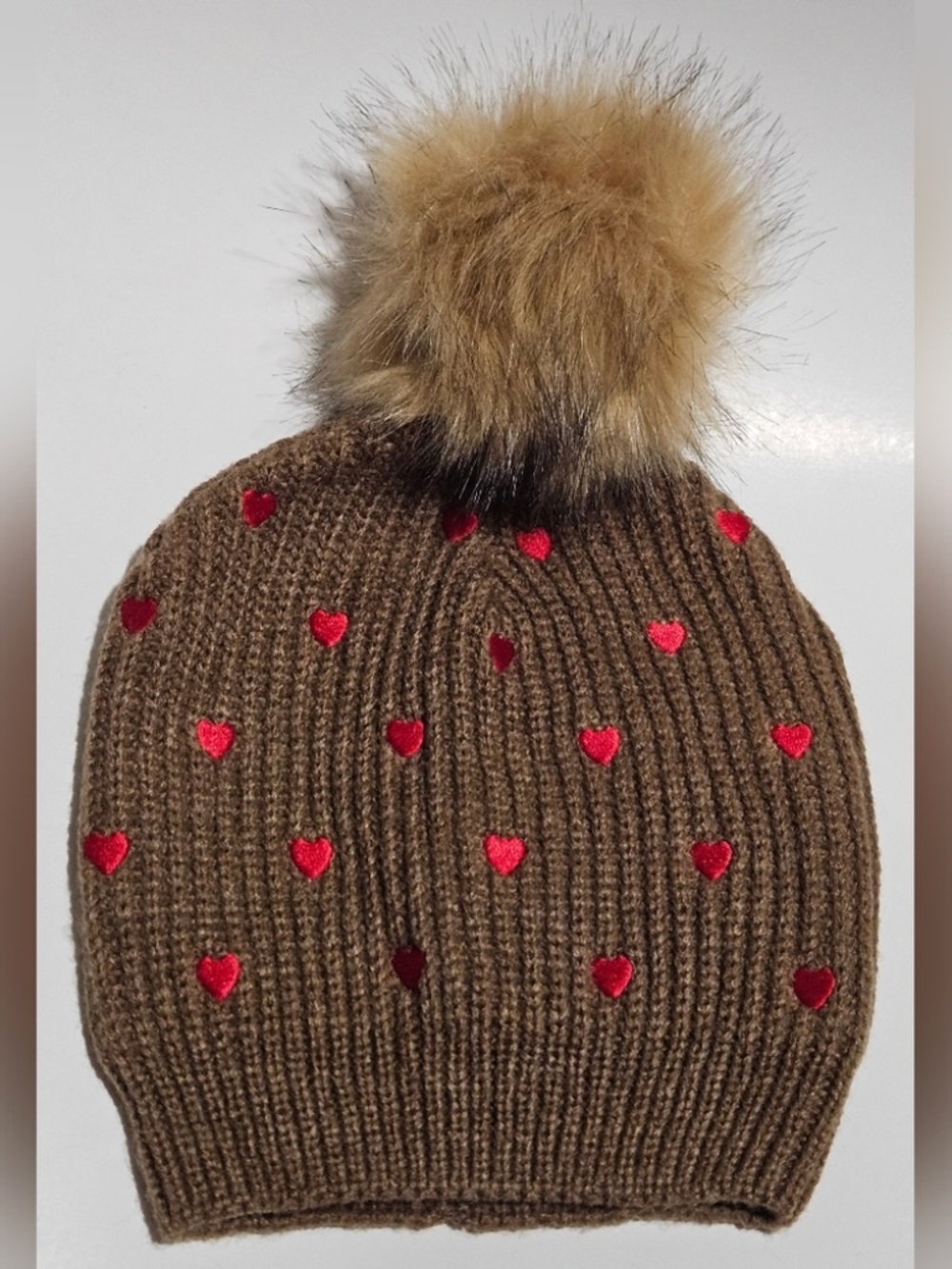 JCrew Beanie With Pom Pom and Embroidered Red Hearts